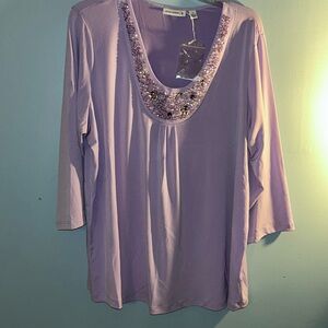 New Susan Graver Lavender Purple Beaded Bodice 3/4 sleeve Blouse Plus Size 1x